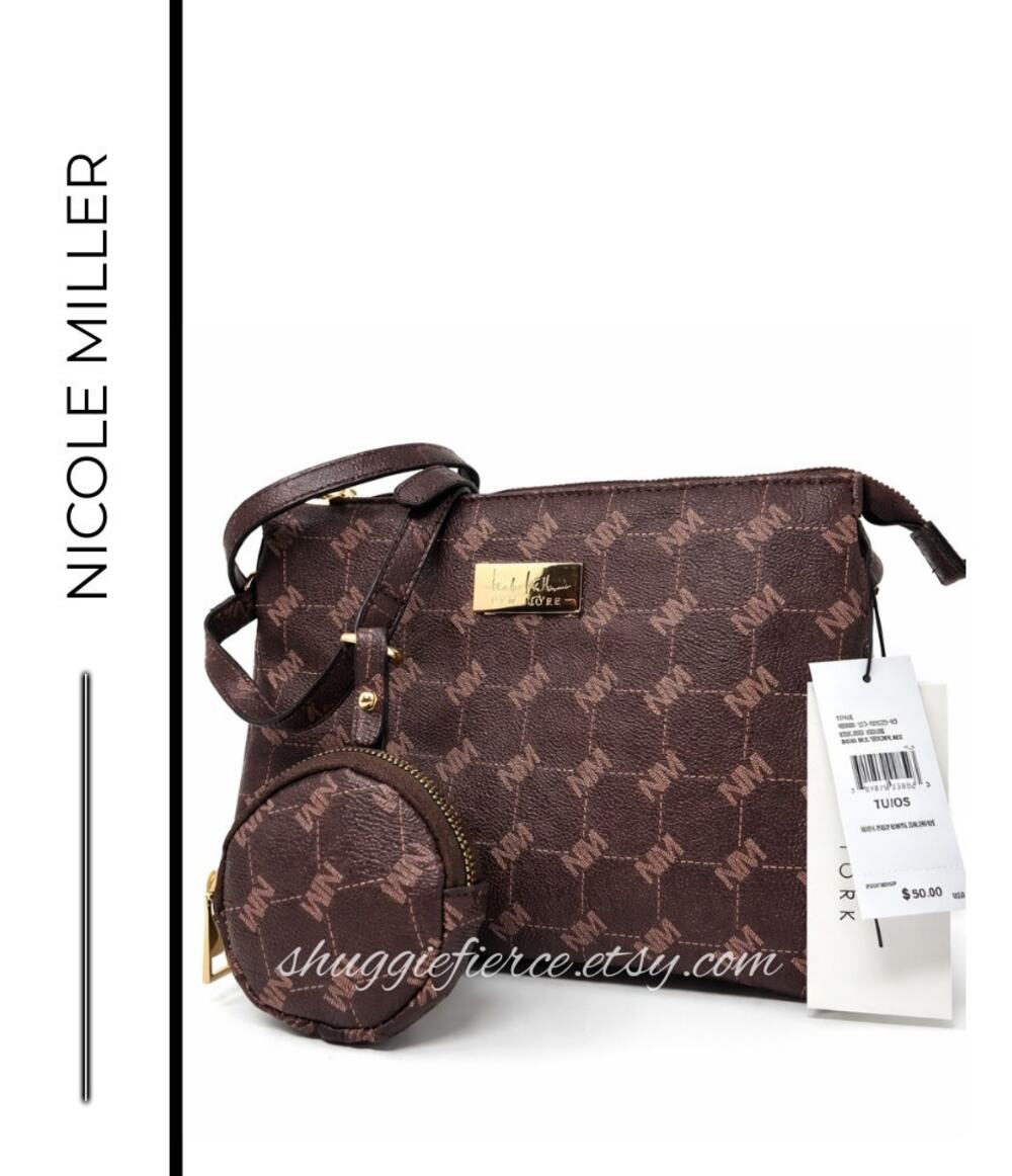 MSRP $50 ✨NWT Nicole Miller Brown Logo Crossbody Bag with Pouch | Gold Hardware✨